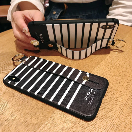 Black and White Stripes Wrist Strap Phone Holder Case For Samsung