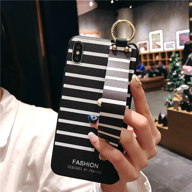 Black and White Stripes Wrist Strap Phone Holder Case For Samsung