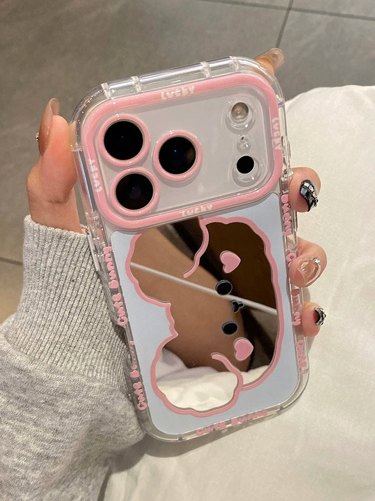 Mirror Teddy Case For iPhone 13 14 15 16 17 Pro Max