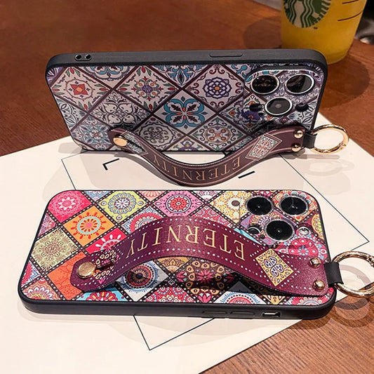 Vintage Colorful Grid Wrist Strap Case For Samsung