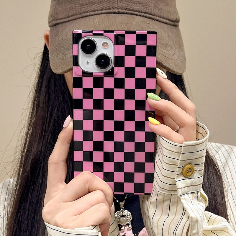 Pink Grid Statement Case For iPhone 15 Pro Max 17 16 13 14