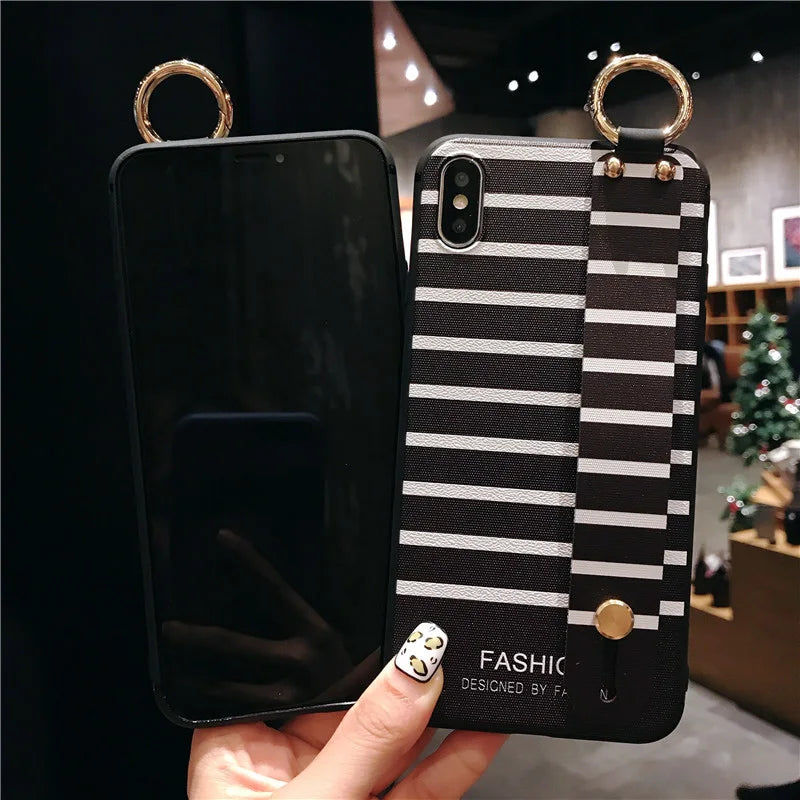 Black and White Stripes Wrist Strap Phone Holder Case For Samsung