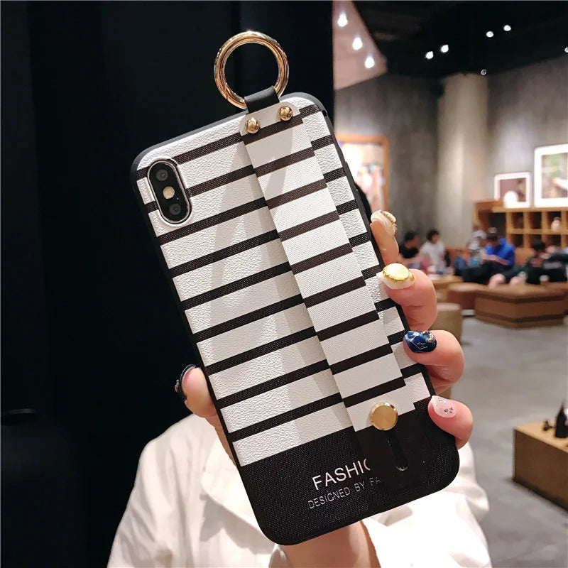 Black and White Stripes Wrist Strap Phone Holder Case For Samsung