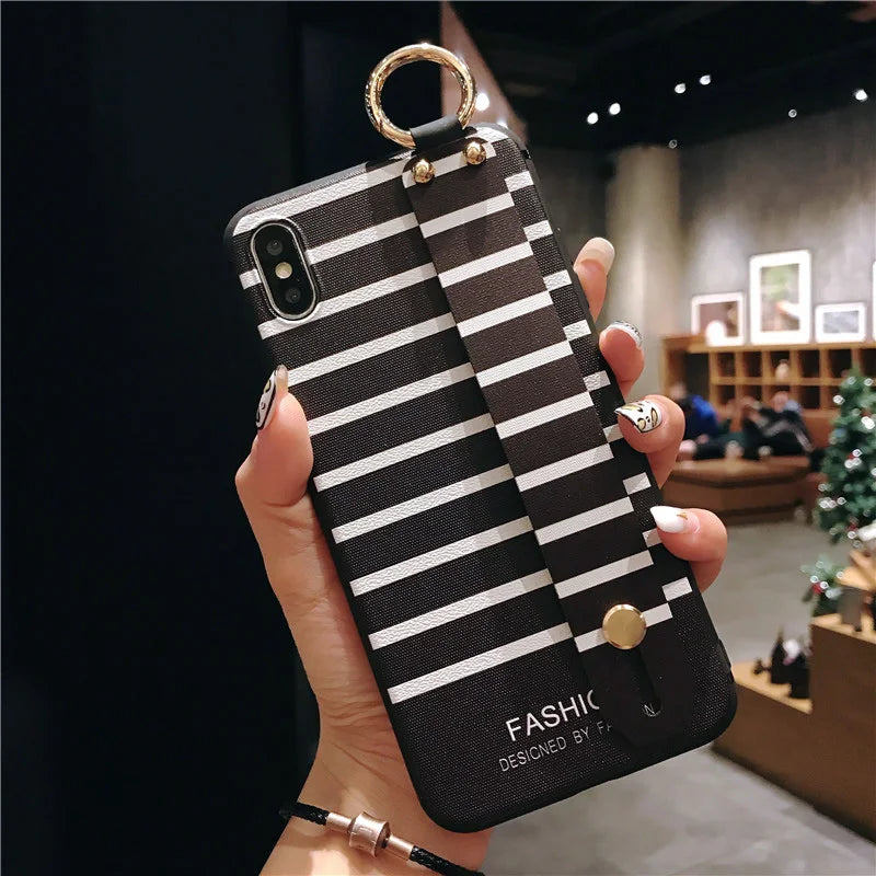 Black and White Stripes Wrist Strap Phone Holder Case For Samsung