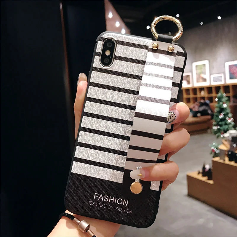 Black and White Stripes Wrist Strap Phone Holder Case For Samsung