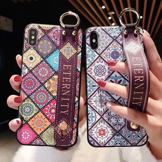 Vintage Colorful Grid Wrist Strap Case For Samsung